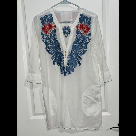Johnny Was Small Europa Oversized Shirt White Embroidered Tunic Top/Blouse - Picture 1 of 8